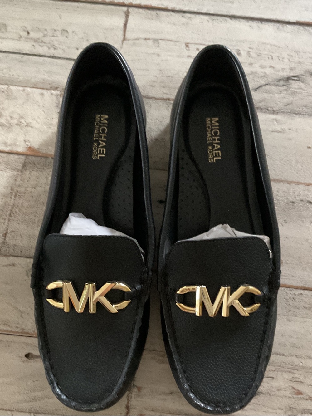 Michael Kors Black Leather Loafers with Gold MK Hardware
